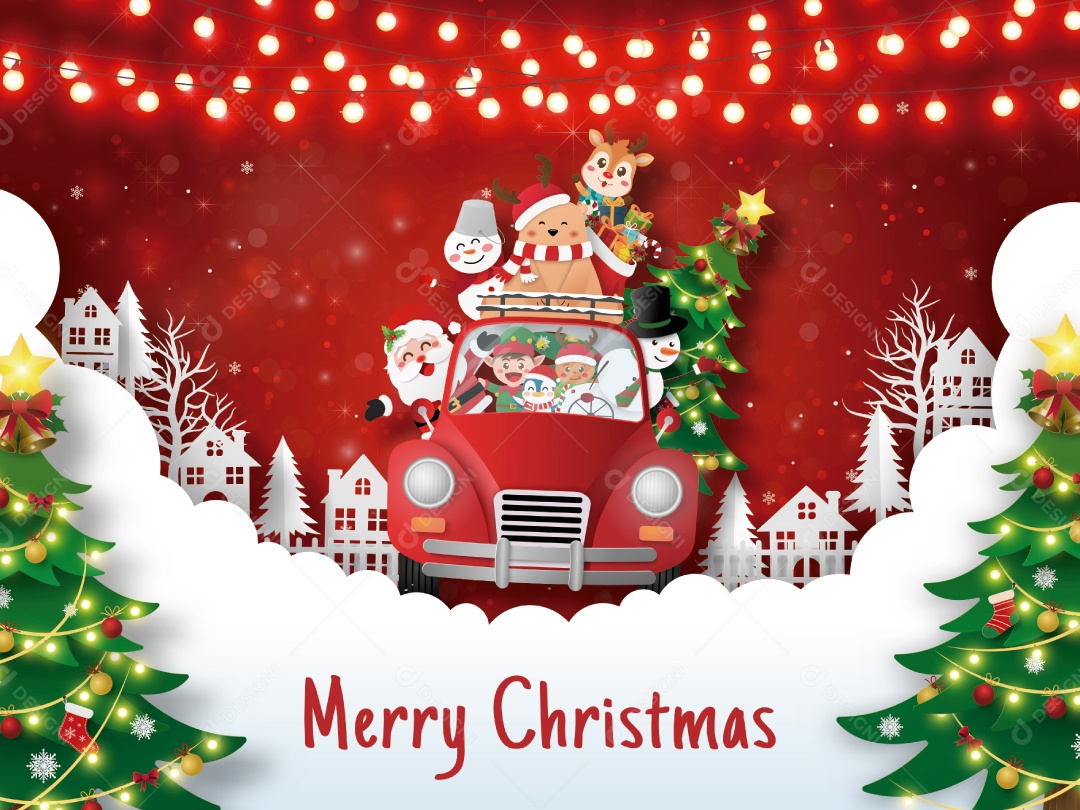 Cartão postal de Natal do Papai Noel e amigos na aldeia Vetor EPS