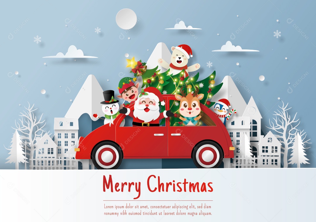 Papai Noel e amigo com carro de Natal na aldeia Vetor EPS