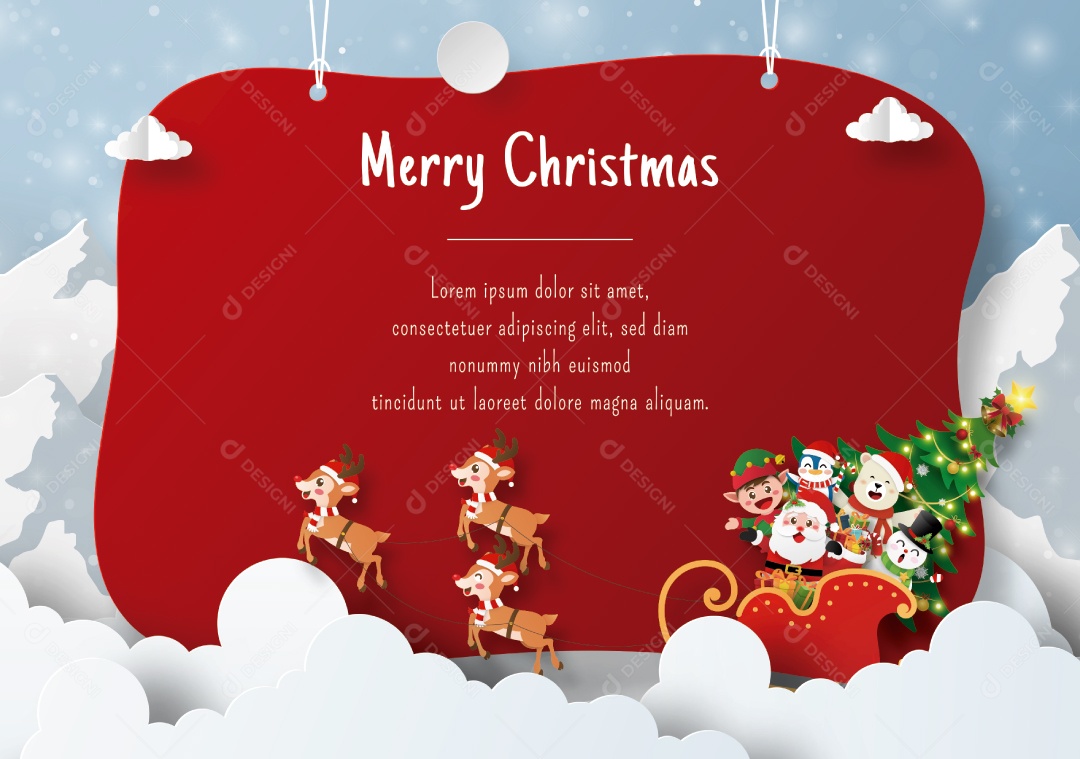 Papai Noel e amigo em um trenó na montanha de neve com espaço Vetor EPS