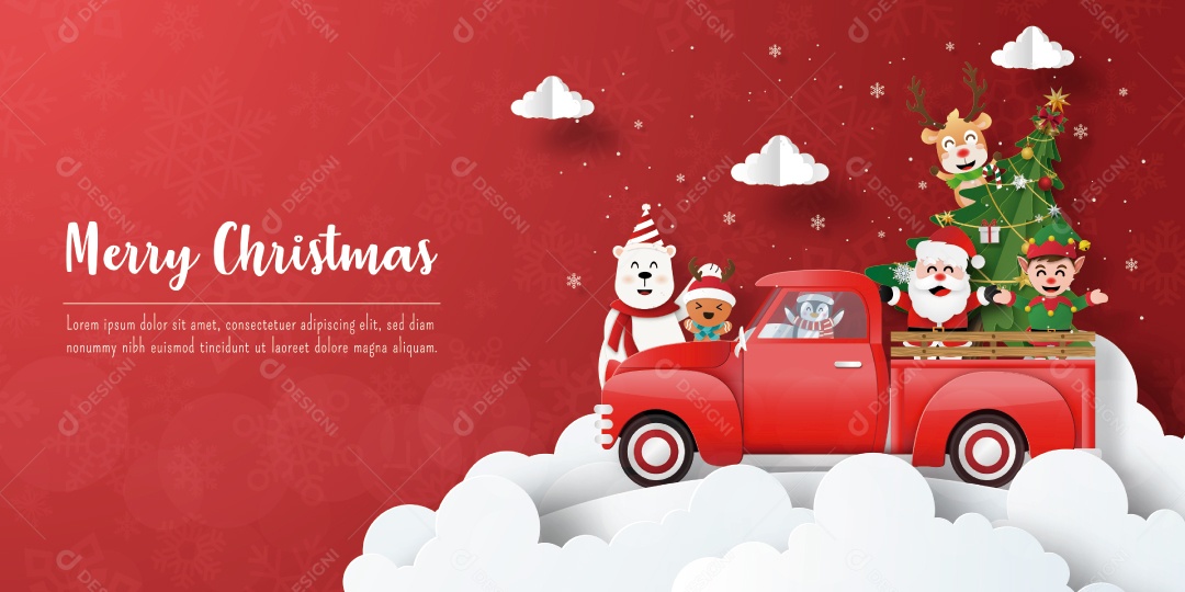 Cartão Postal de Natal do Papai Noel e Amigos Com Carro Vermelho Vetor EPS