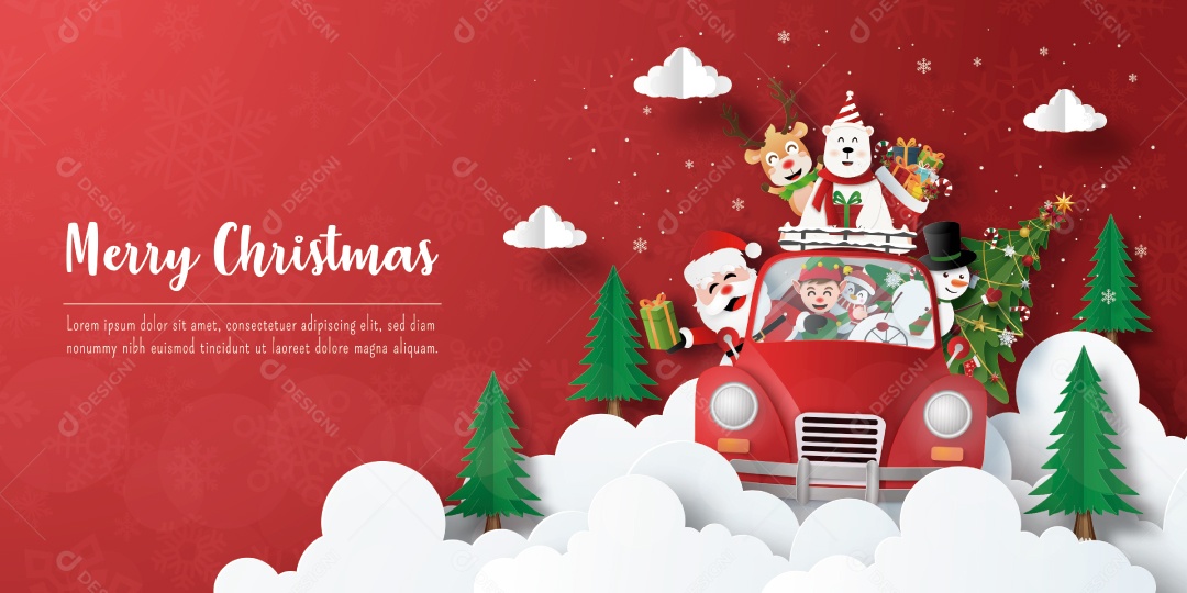 Cartão Postal de Papai Noel e Amigos Em Um Carro de Natal Vetor EPS