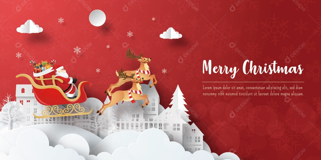 Cartão Postal de Natal do Papai Noel Em Um Trenó na Aldeia Vetor EPS