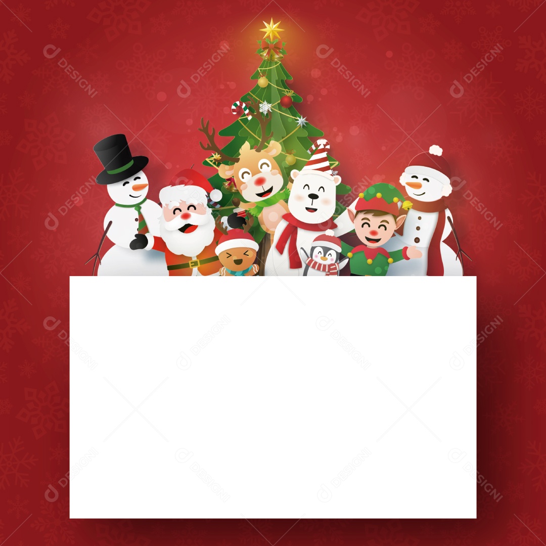 Arte de Papel Origami de Cartão Postal Papai Noel e Amigos Com Espaço Vetor EPS