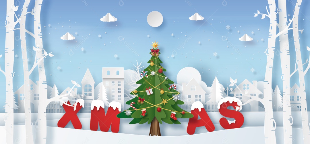 Banner de Natal, Arte de Papel Origami da Árvore de Natal na Aldeia Com a Palavra Xmas Vetor EPS