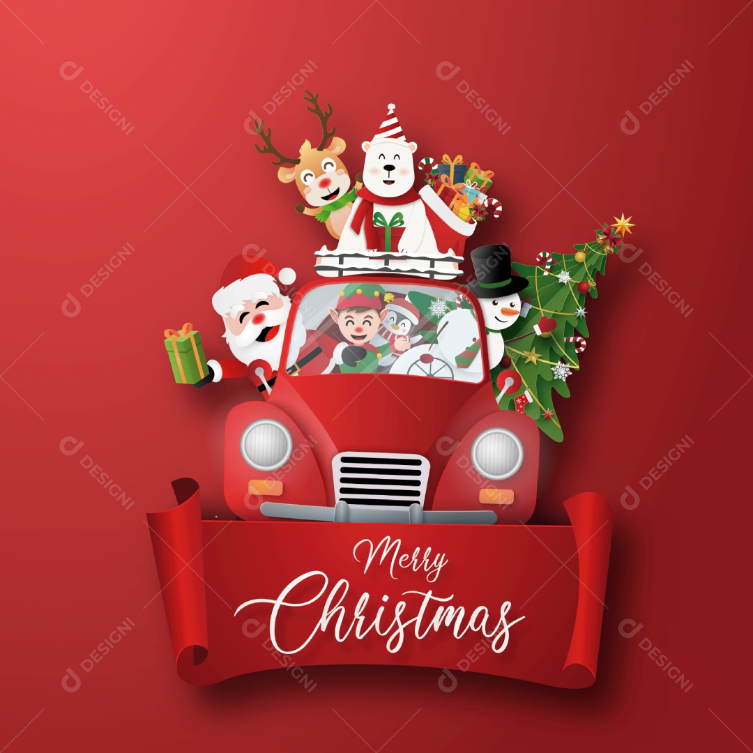 Arte de Papel Origami de Personagem de Natal e Árvore de Natal Com Etiqueta Vermelha Vetor EPS