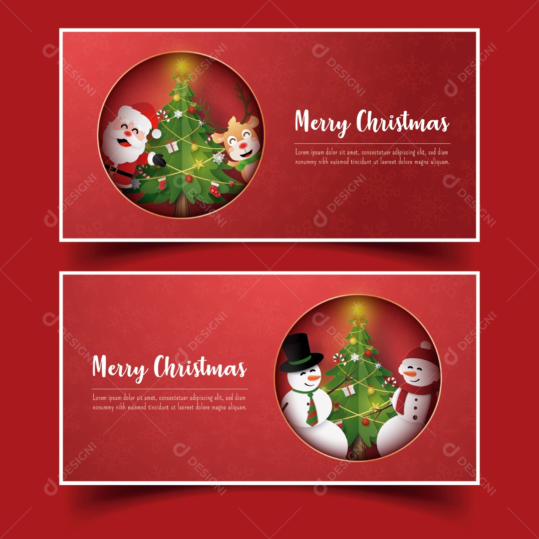 Cartão Postal Papai Noel e Amigo na Janela Em Um Fundo de Floco de Neve Vermelho Vetor EPS