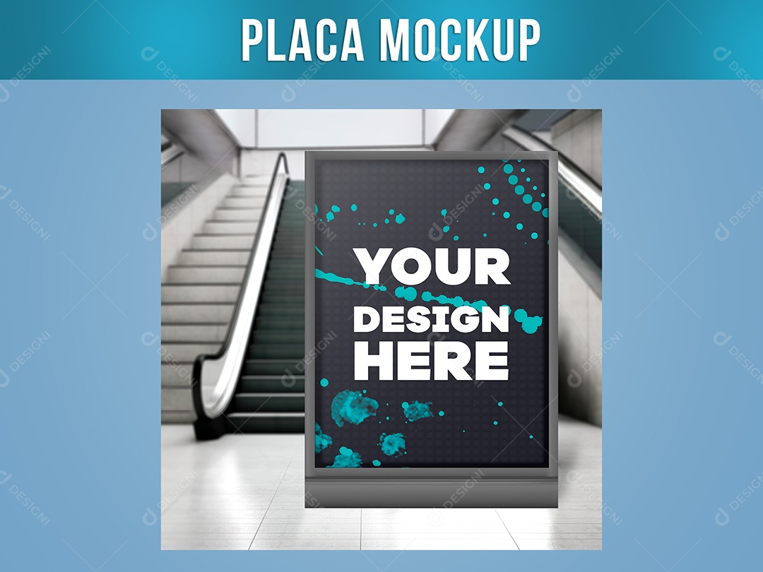 Placa com Escada Rolante Mockup Shopping Lazer Divulgação Anúncio PSD Editável