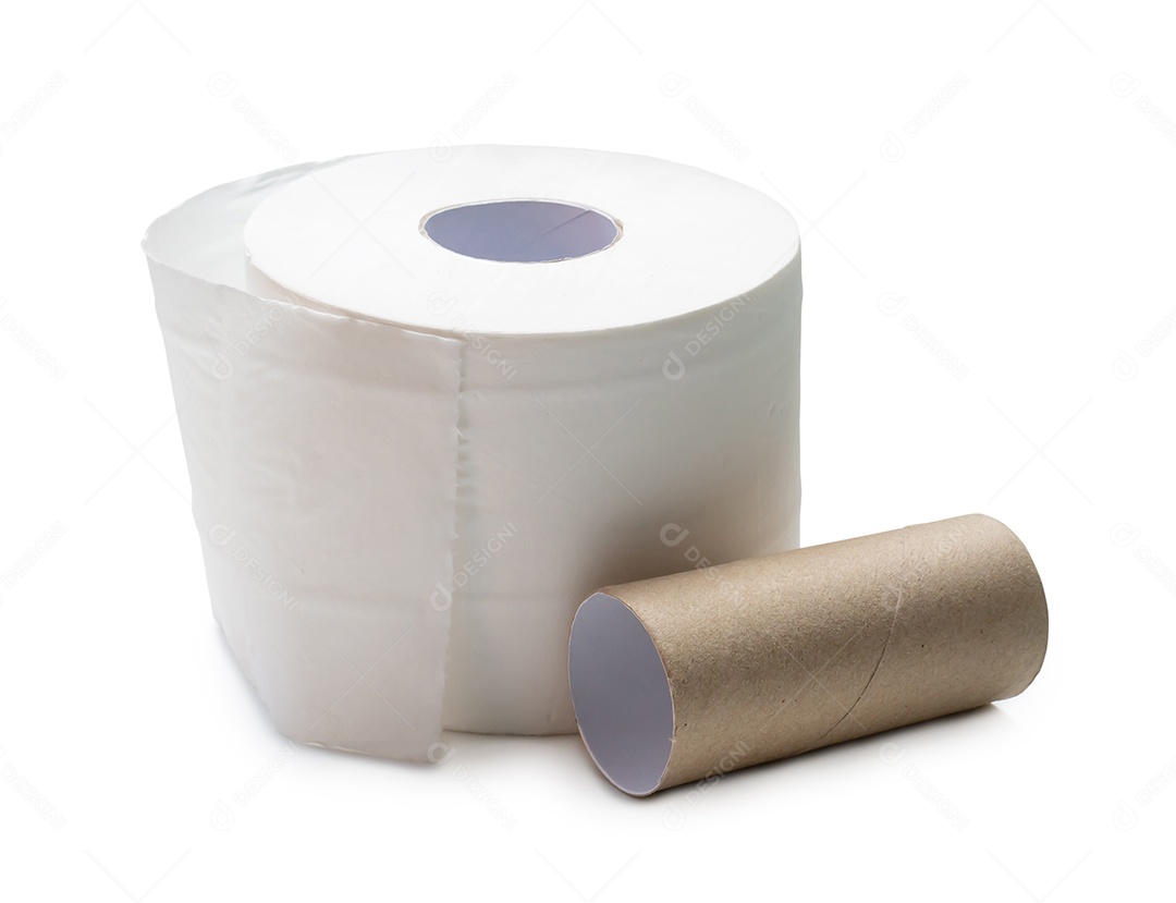Rolo único de papel de seda branco ou guardanapo com núcleo preparado para uso em banheiro ou banheiro é isolado em fundo branco com traçado de recorte.