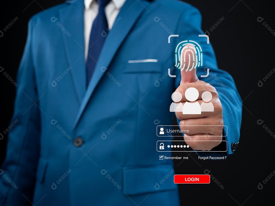 Empresário digitalizando o dedo junto com a tela de login. Representa proteção contra hacks externos. Conceito de proteção de código. Vírus. Proteção de informações confidenciais. firmware. e malware.