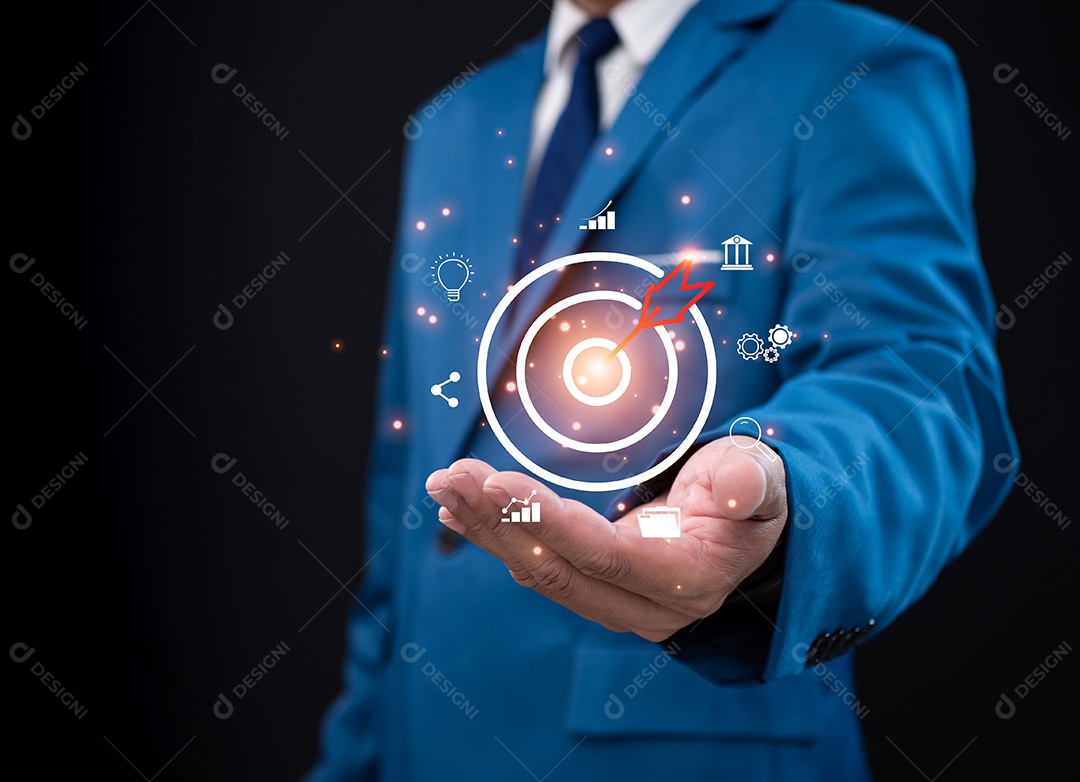 Negociação de ações. Finança. Investindo. Negócios em crescimento. Empresário de terno mostrando o dedo apontando para a ponta da seta em fundo cinza.