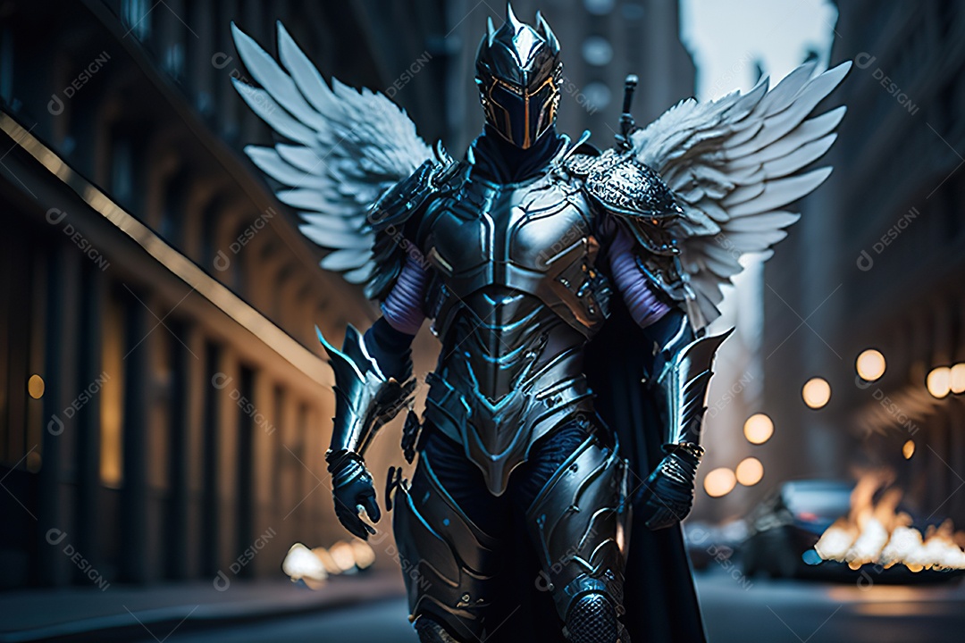 Anjo com armadura na cidade em chamas