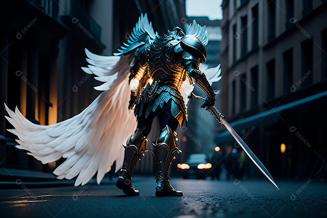 Anjo com armadura na cidade em chamas.