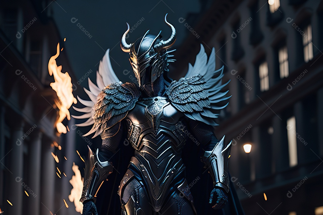 Anjo com armadura na cidade em chamas