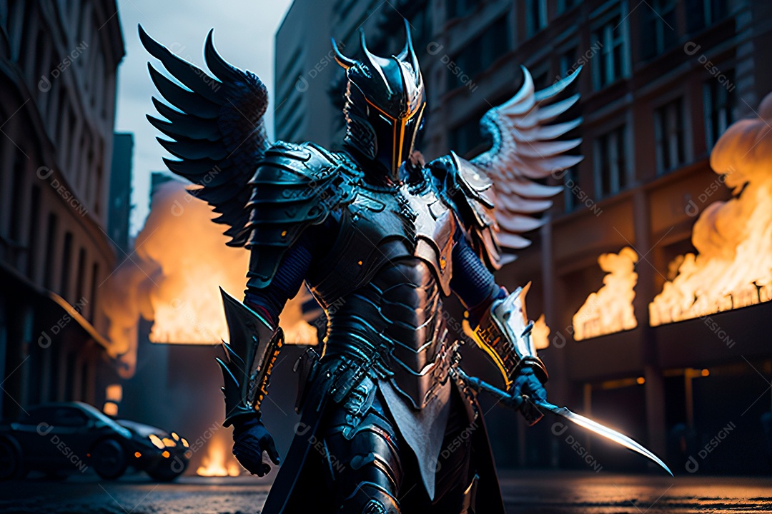Anjo com armadura na cidade em chamas.