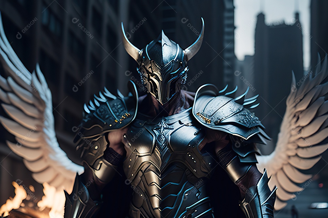 Anjo com armadura na cidade em chamas