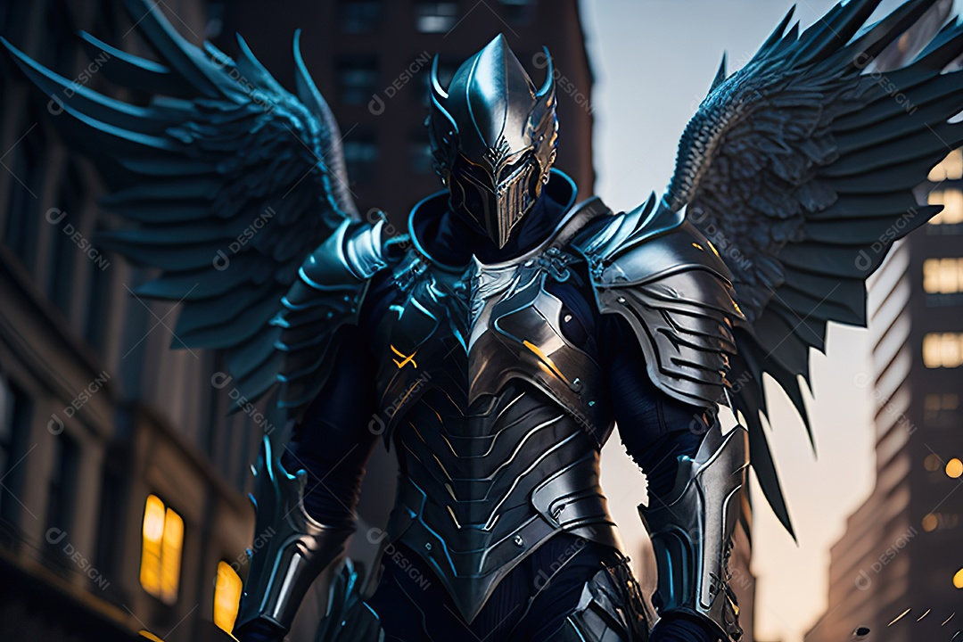 Anjo com armadura na cidade em chamas