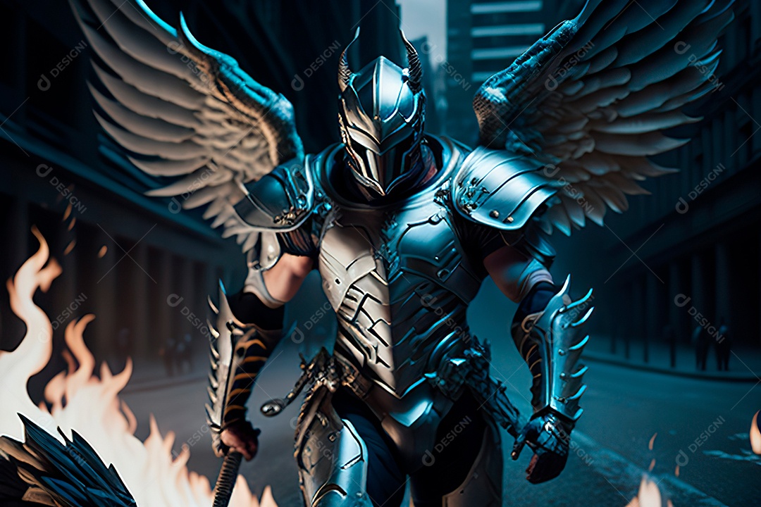 Anjo com armadura na cidade em chamas.