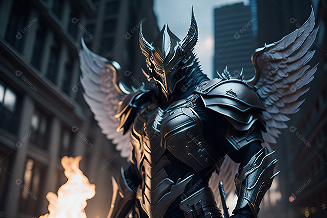 Anjo com armadura na cidade em chamas