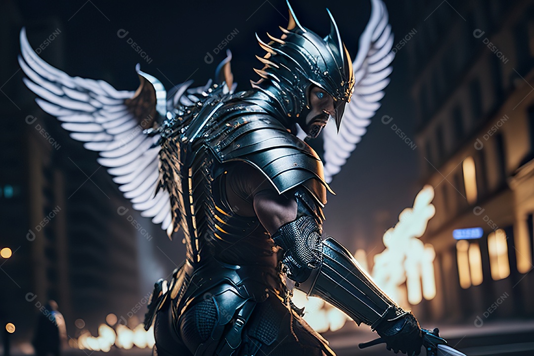 Anjo com armadura na cidade em chamas