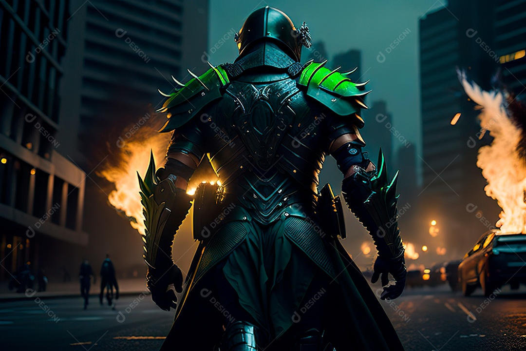 Anjo com armadura na cidade em chamas.