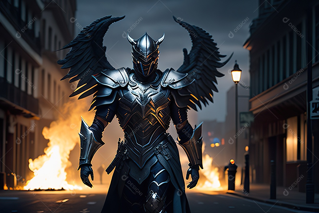 Anjo com armadura na cidade em chamas