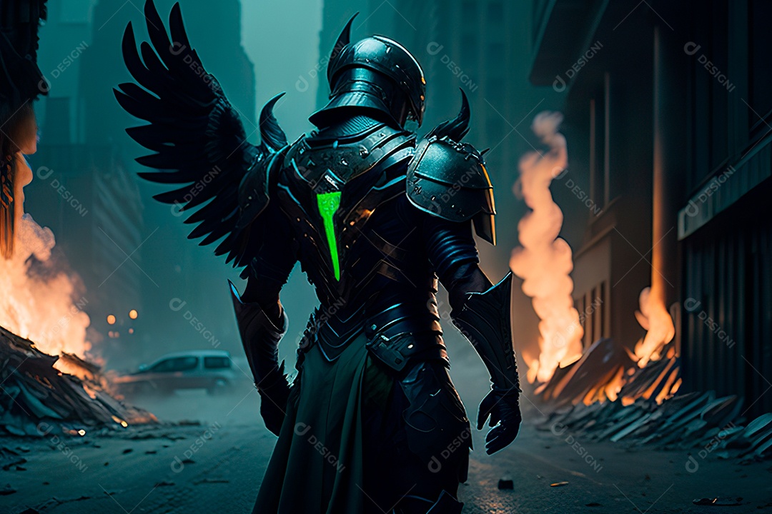 Anjo com armadura na cidade em chamas.