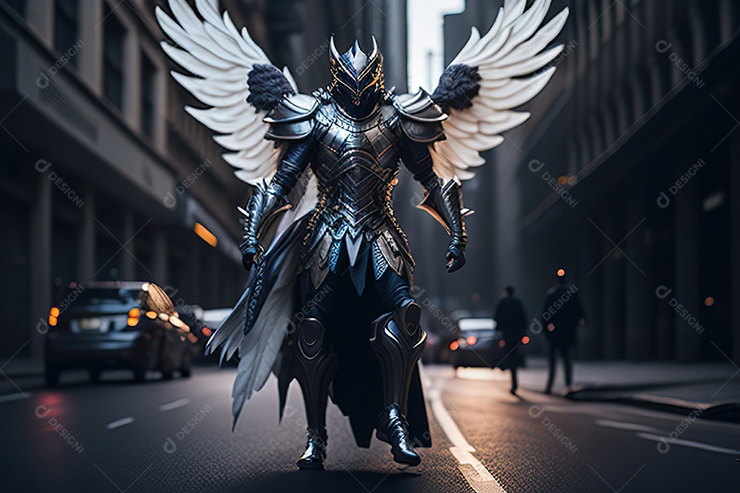 Anjo com armadura na cidade em chamas