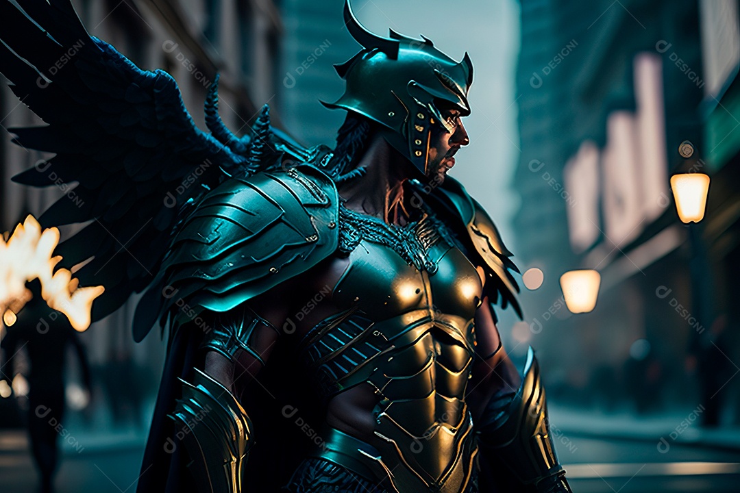 Anjo com armadura na cidade em chamas.