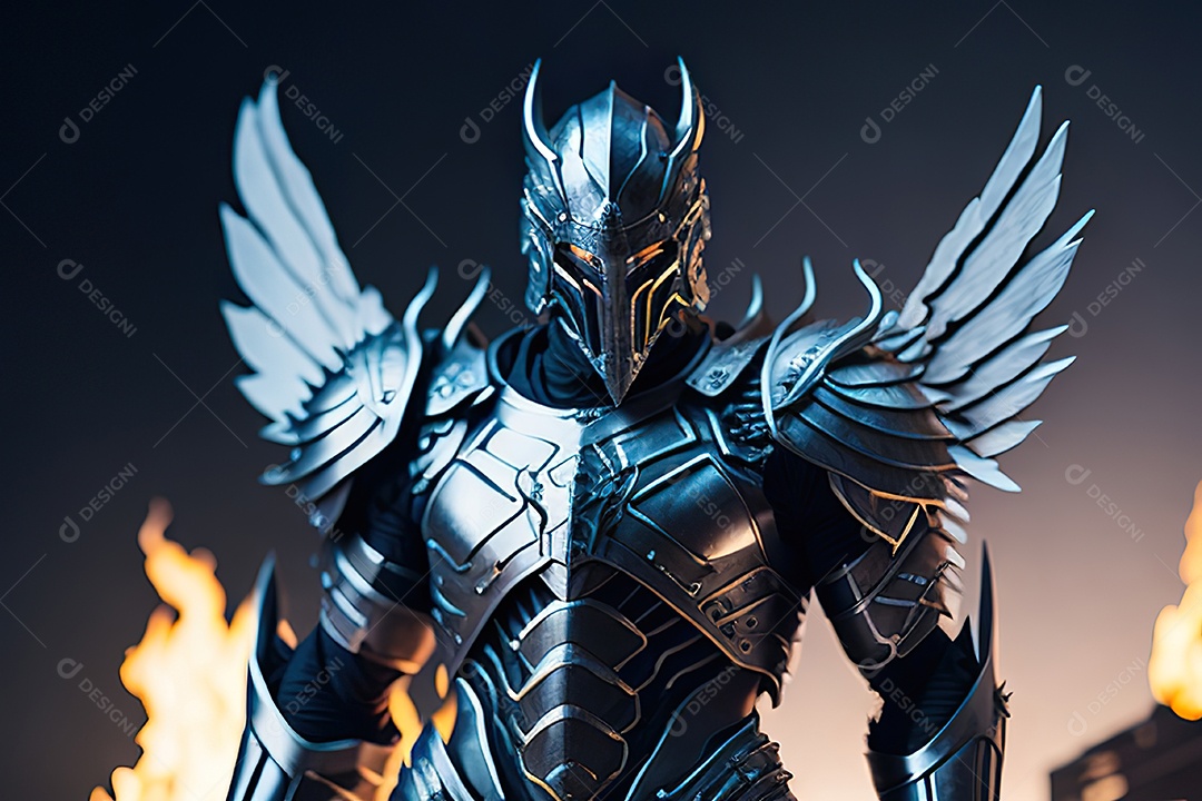 Anjo com armadura na cidade em chamas