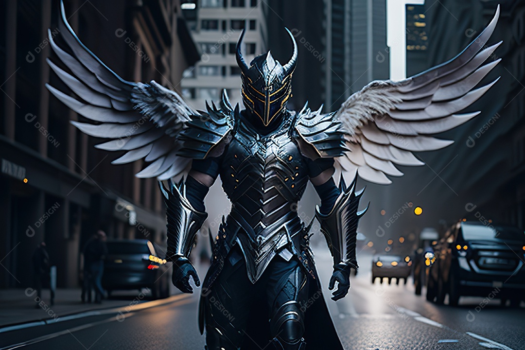 Anjo com armadura na cidade em chamas