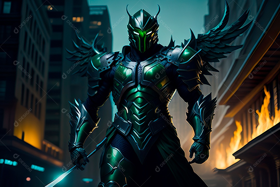 Anjo com armadura na cidade em chamas.