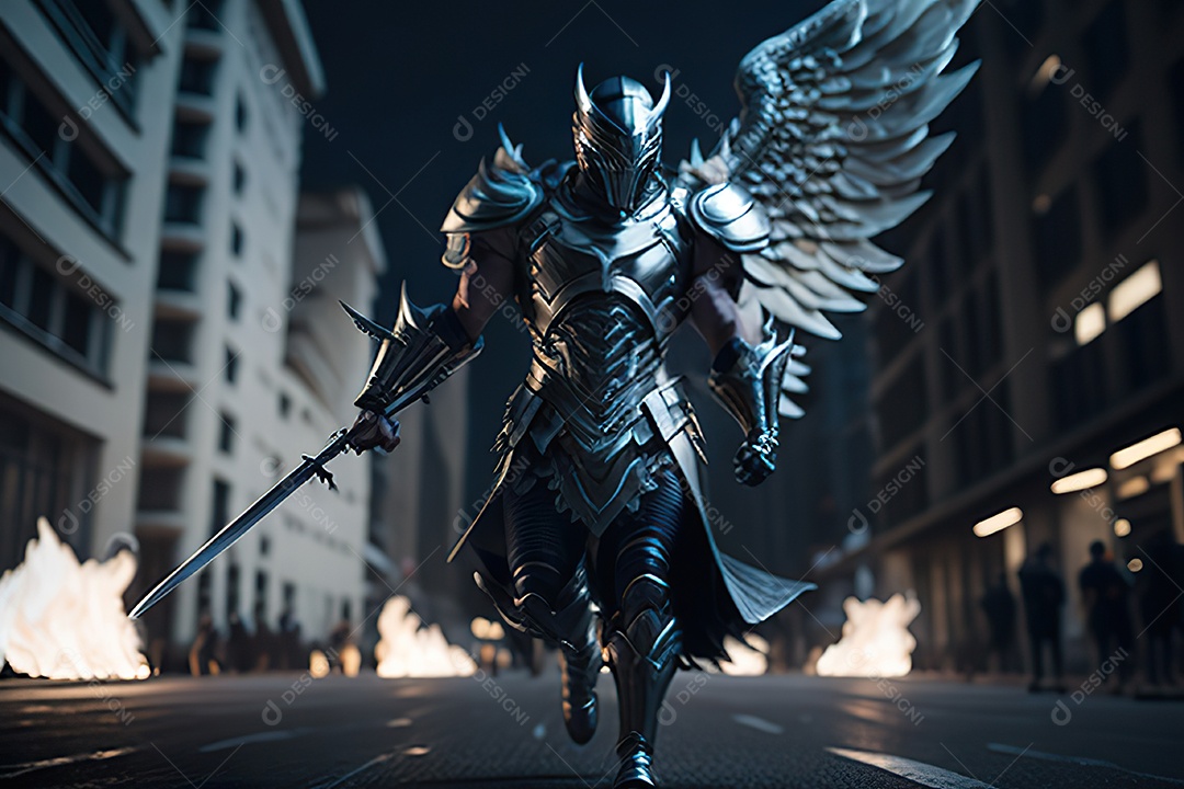 Anjo com armadura na cidade em chamas