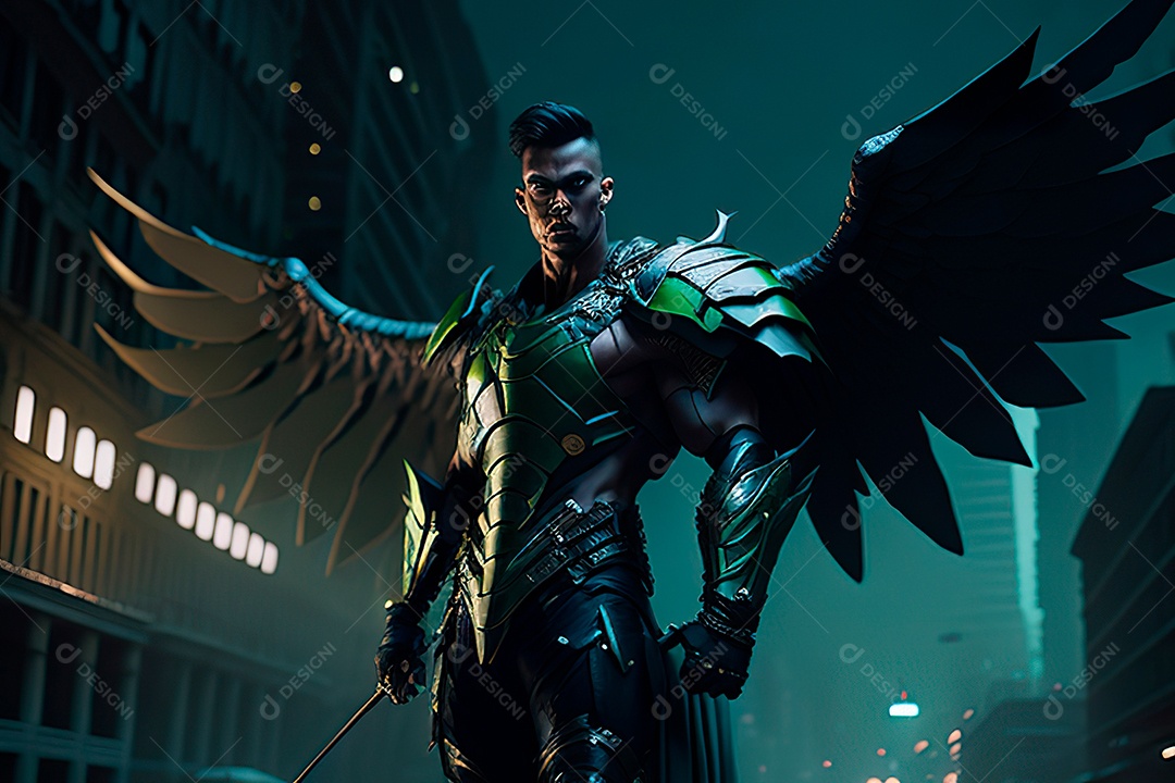 Anjo com armadura na cidade em chamas.