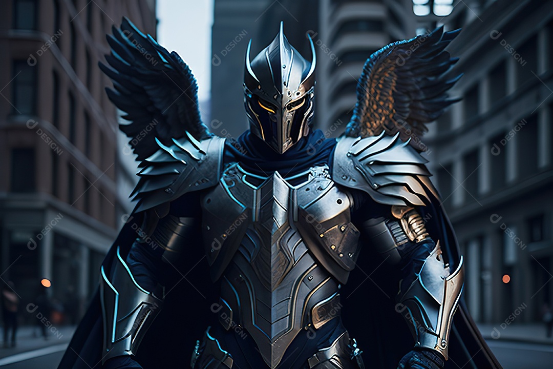 Anjo com armadura na cidade em chamas