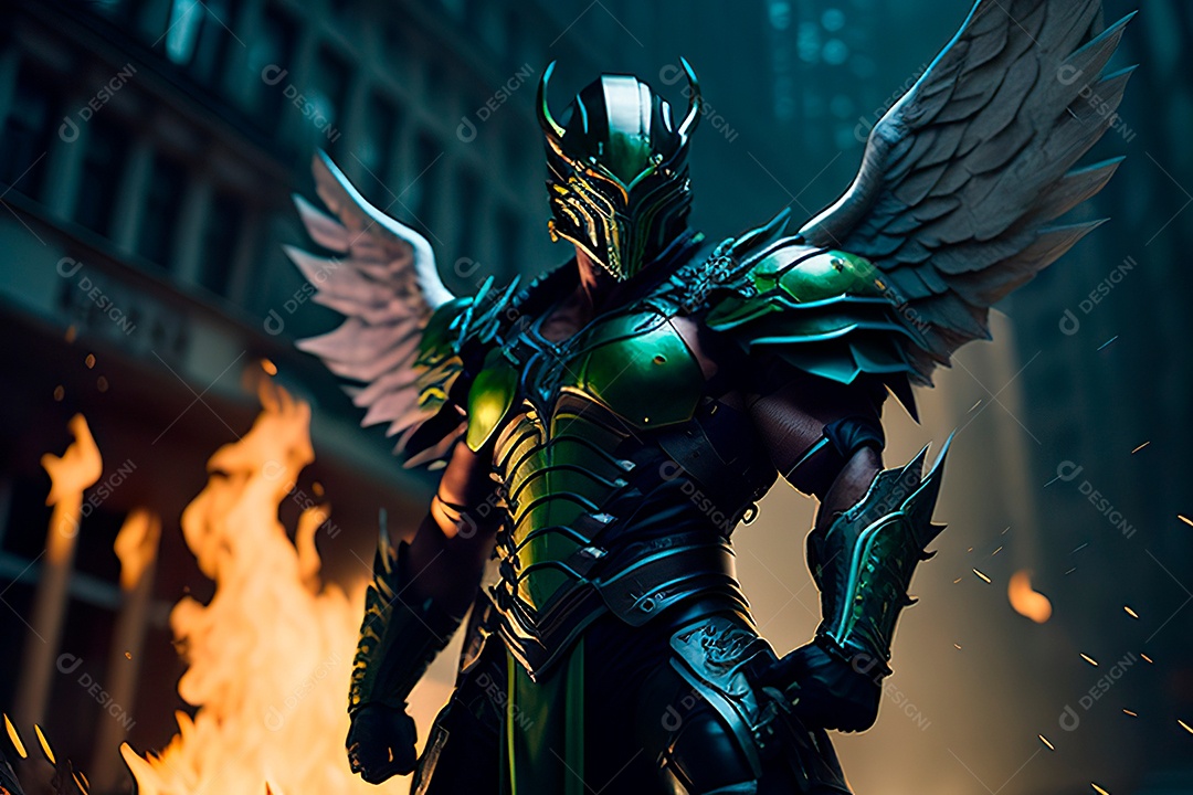 Anjo com armadura na cidade em chamas.