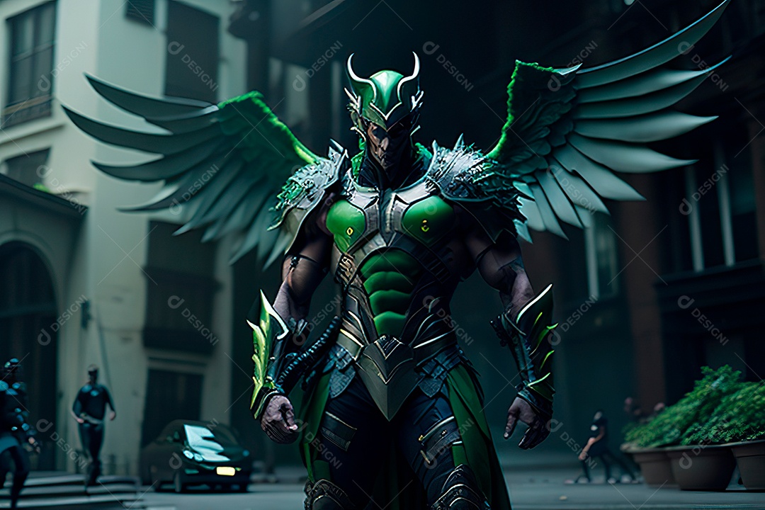 Anjo com armadura na cidade em chamas.