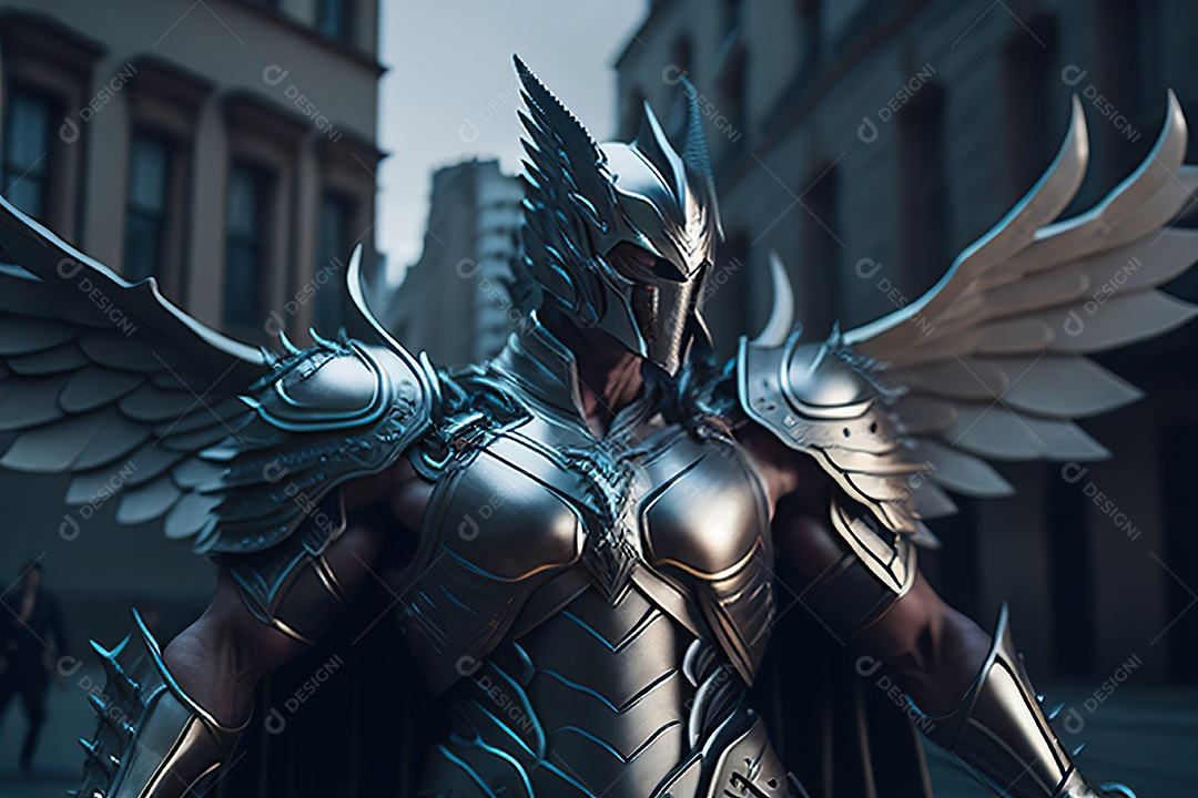 Anjo com armadura na cidade em chamas