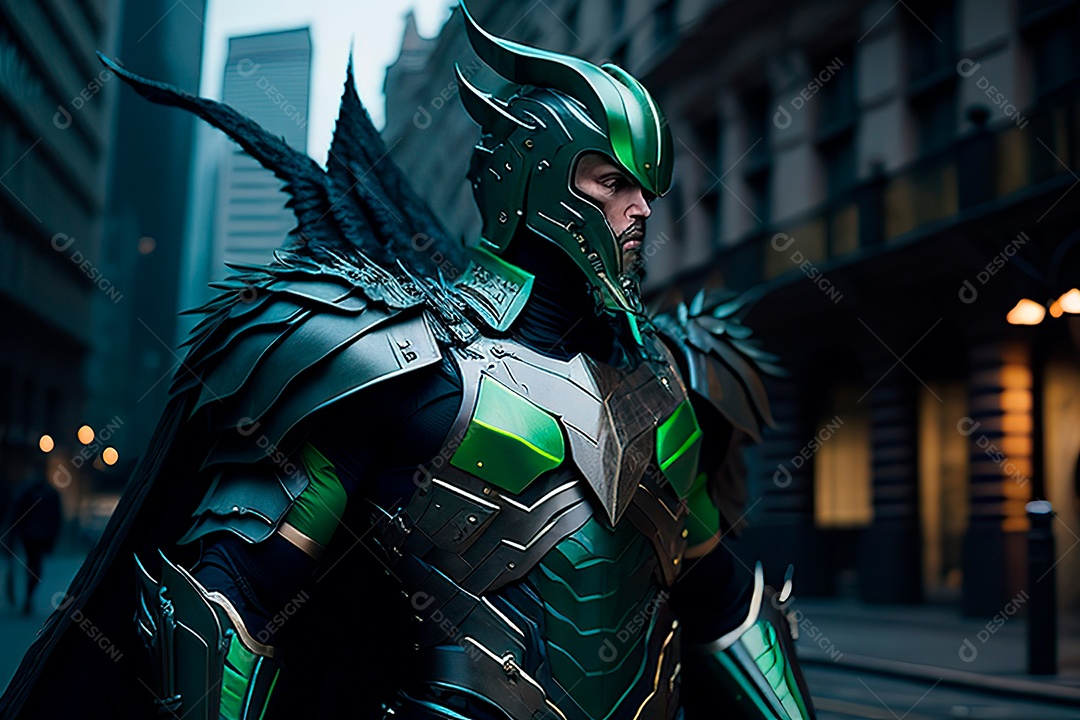 Anjo com armadura na cidade em chamas.