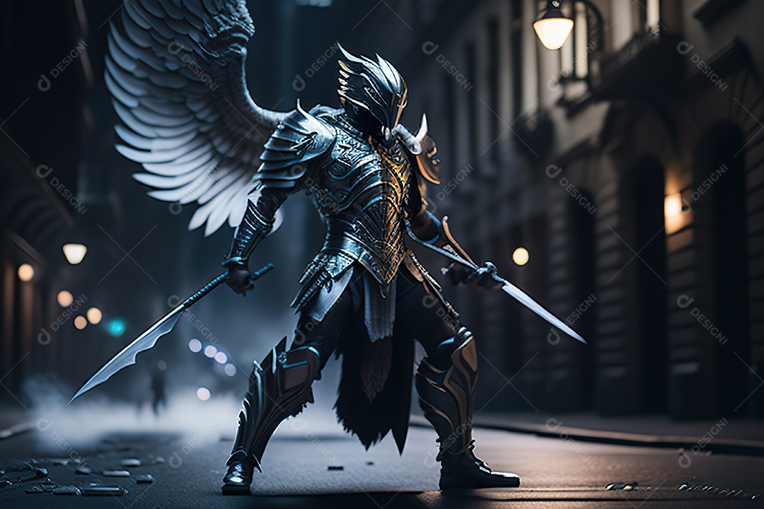 Anjo com armadura na cidade em chamas