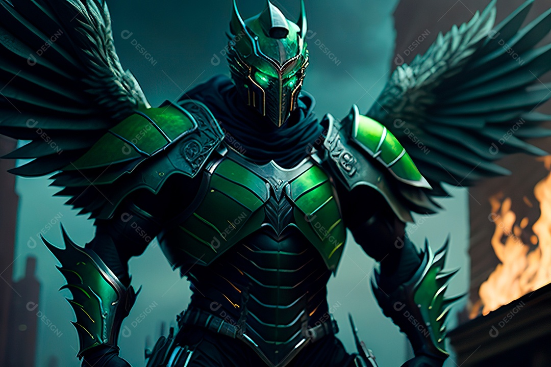 Anjo com armadura na cidade em chamas.