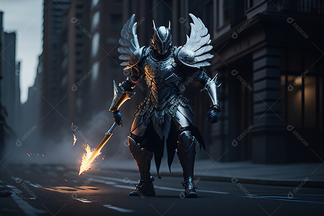 Anjo com armadura na cidade em chamas