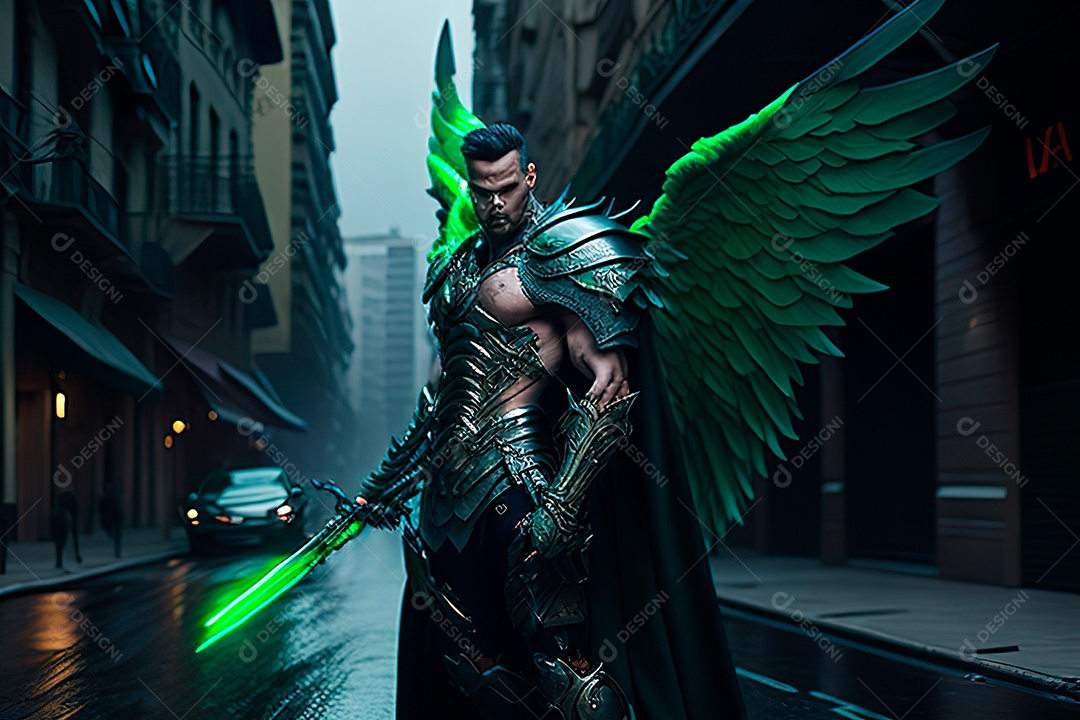 Anjo com armadura na cidade em chamas.