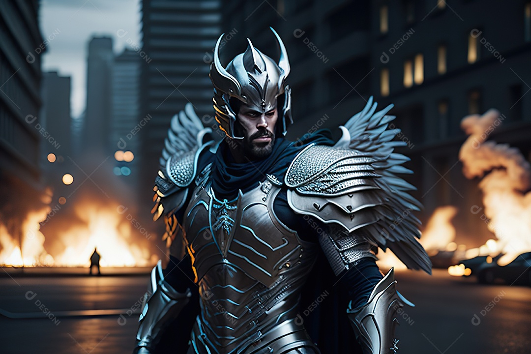 Anjo com armadura na cidade em chamas