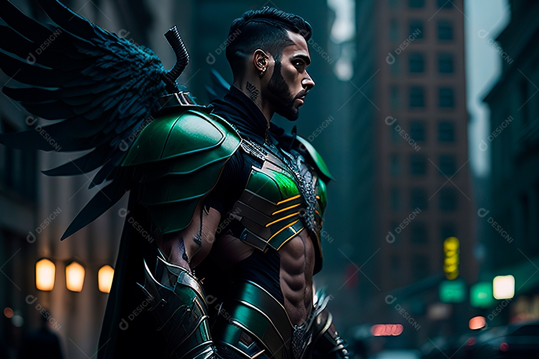 Anjo com armadura na cidade em chamas.