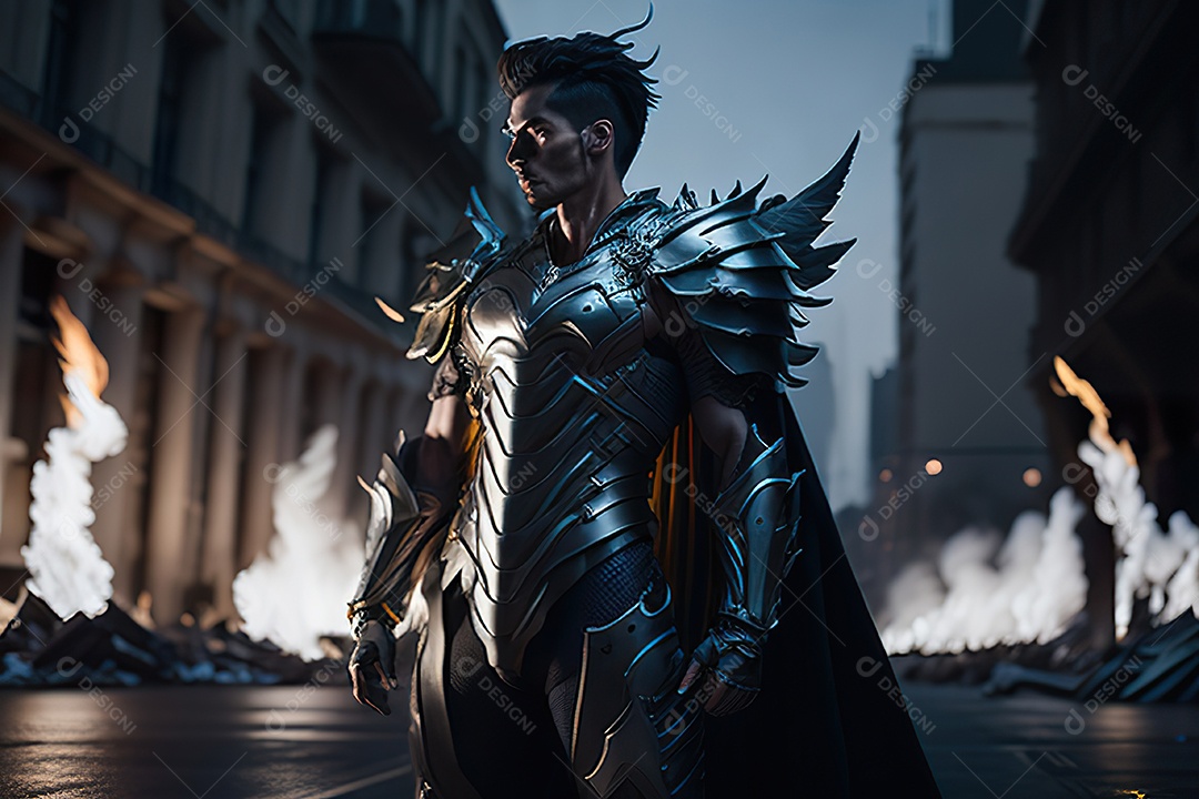 Anjo com armadura na cidade em chamas