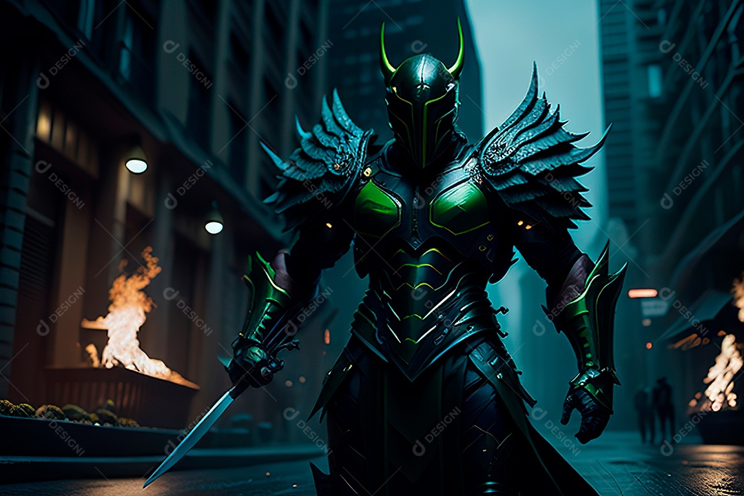 Anjo com armadura na cidade em chamas.