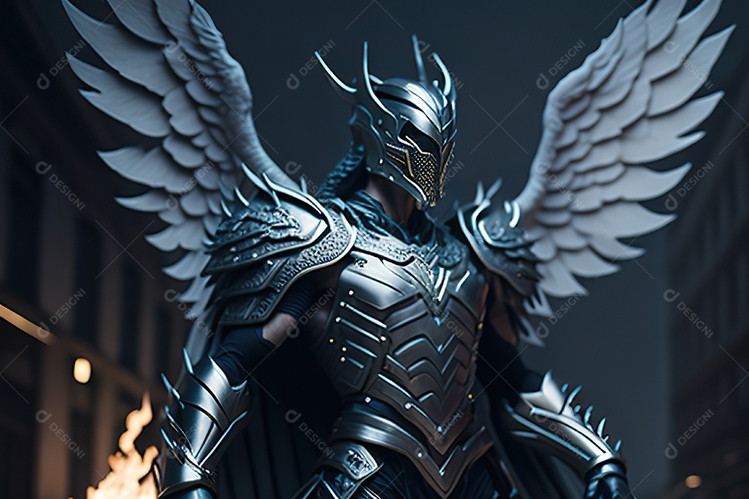 Anjo com armadura na cidade em chamas