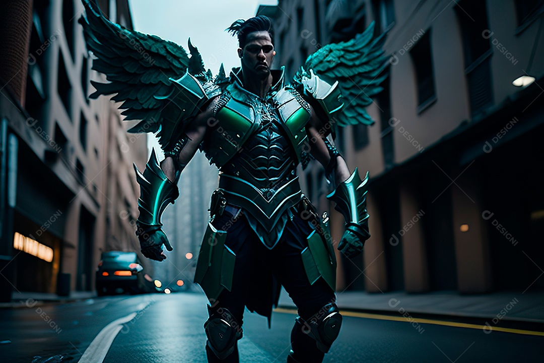 Anjo com armadura na cidade em chamas.