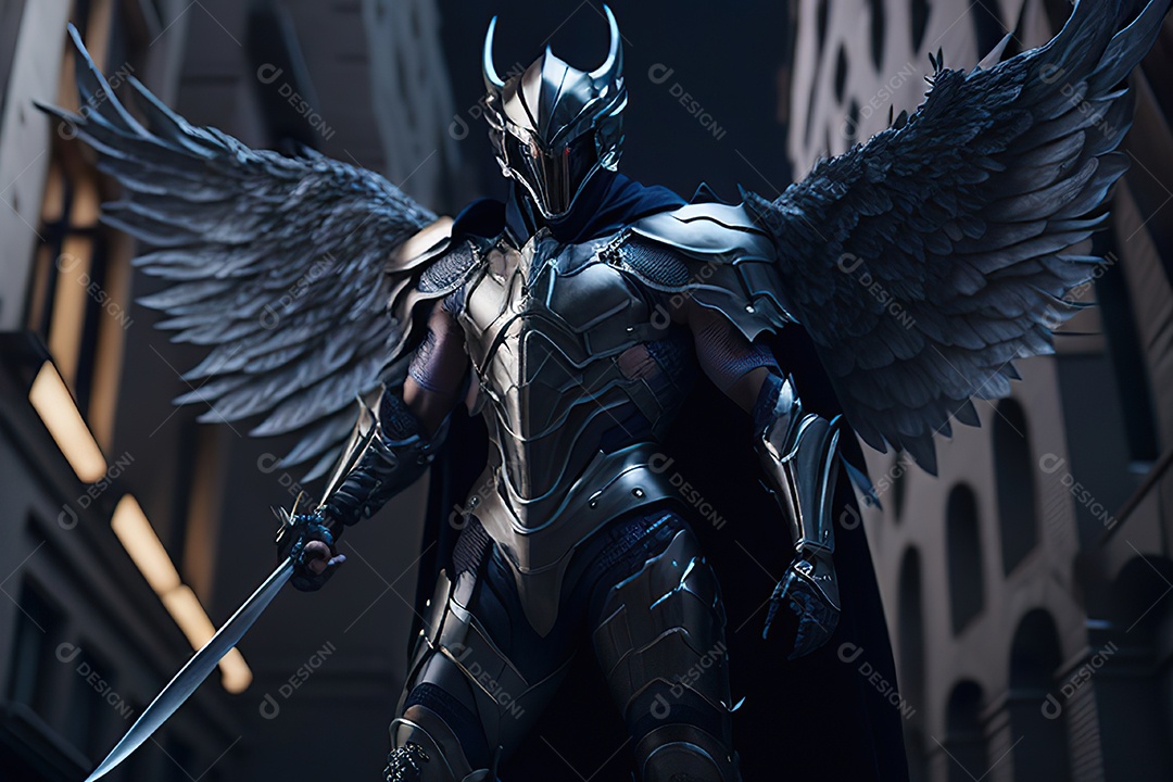 Anjo com armadura na cidade em chamas