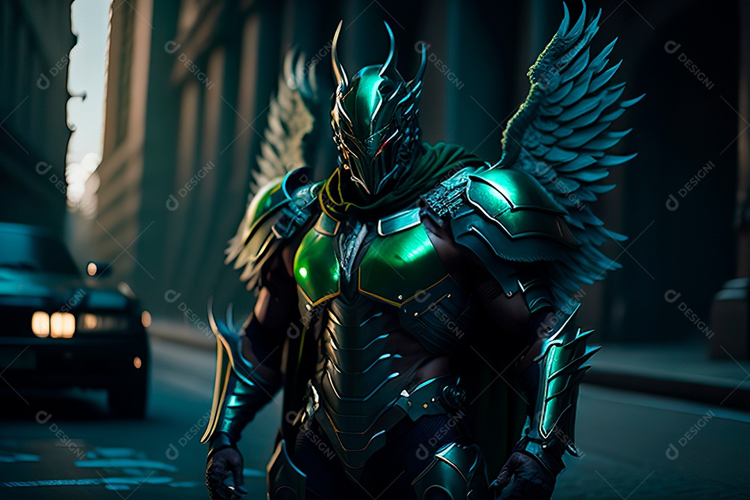 Anjo com armadura na cidade em chamas.